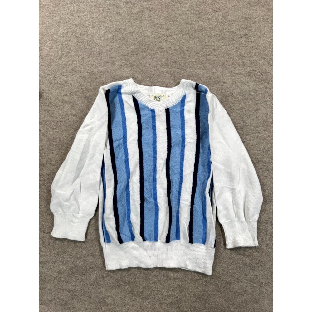 The Children's Place Sweater Toddlers 3T White Blue Striped V Neck Ribbed Trim